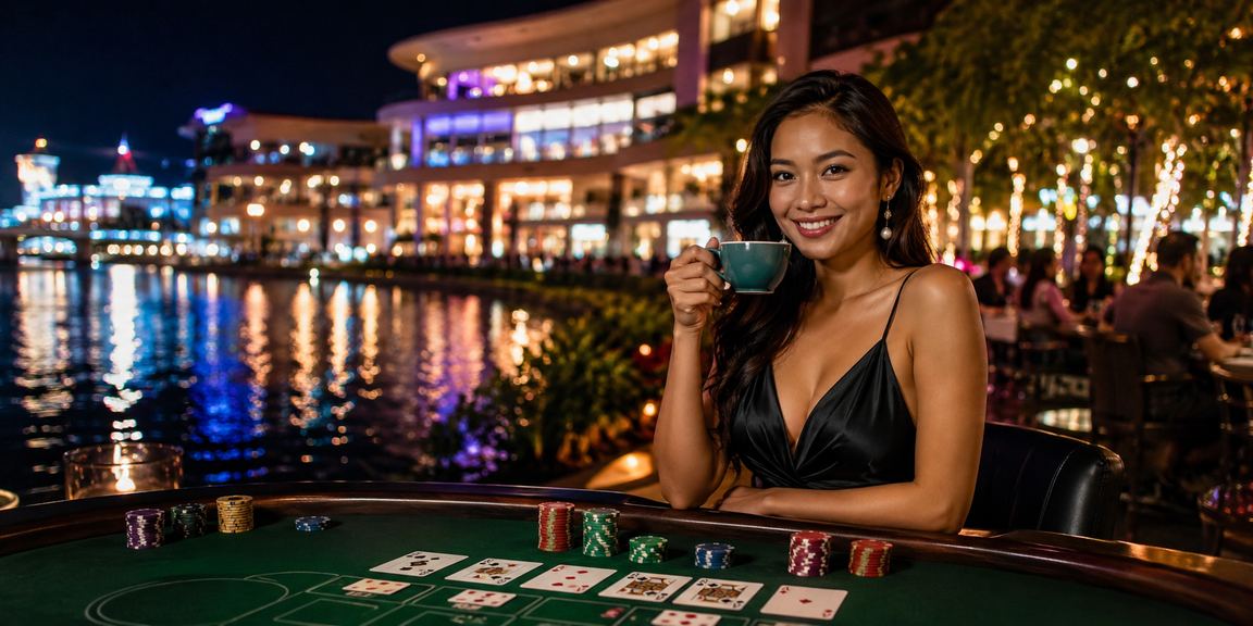 Meja baccarat live casino di kafe Vietnam dengan suasana elegan